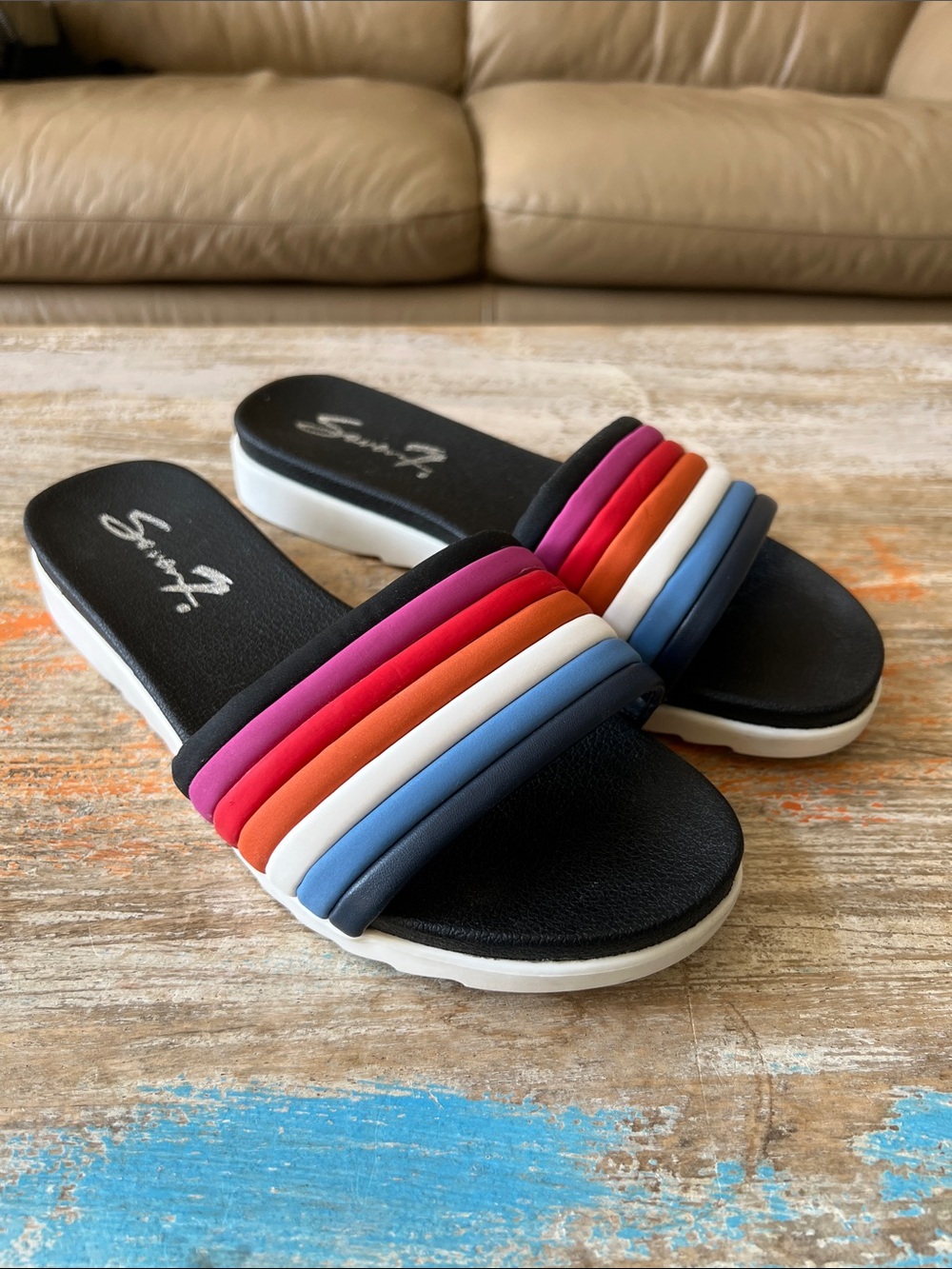 Seven7 Women's “Pearly” Colorful Striped Pearly Slide Sandals Size 9